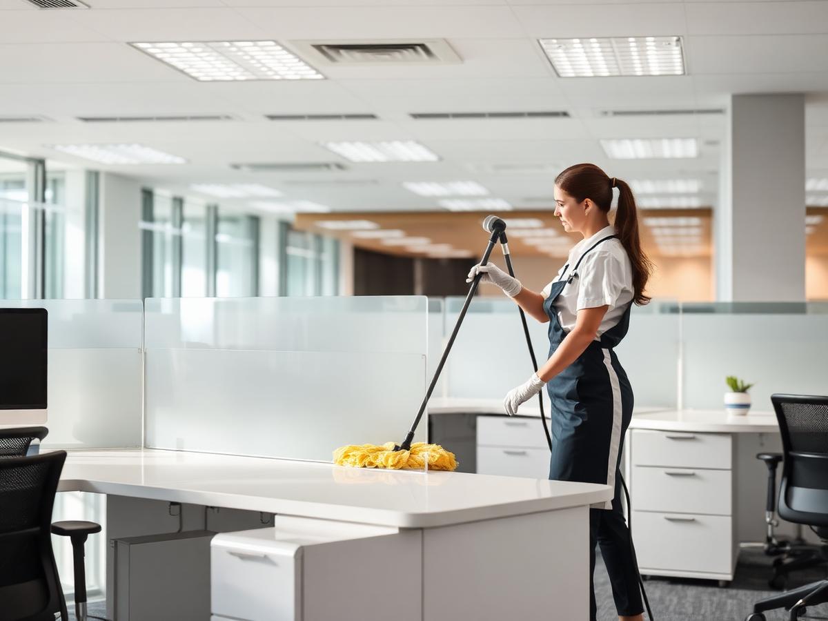 Cleaner wiping down an office desk